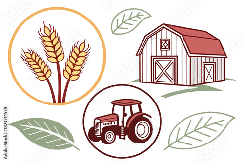 Agricultural Scene with Green Wheat Red Tractor and Barn on White Background agriculture