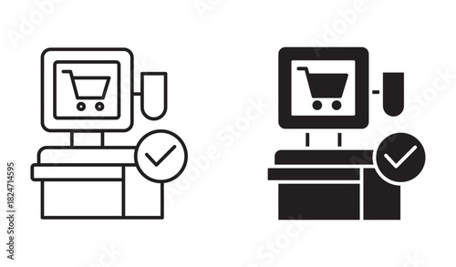 Self-checkout machine icon set in outline and silhouette style, representing retail automation, POS systems, and digital payment technology, vector illustration.