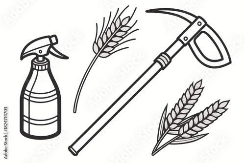 Hand- Drawn Icons of Sprayer Sickle and Wheat Stalks spray bottle hand-drawn icons