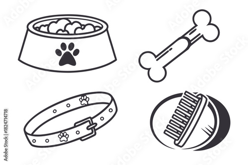 Red Line Art Icons of Dog Accessories and Food Bowl in Circles collar