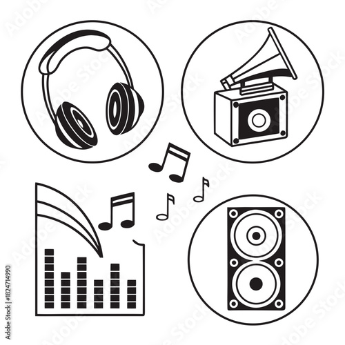 Retro Music Icons Headphones Turntable Gramophone Speaker Vector Art vintage