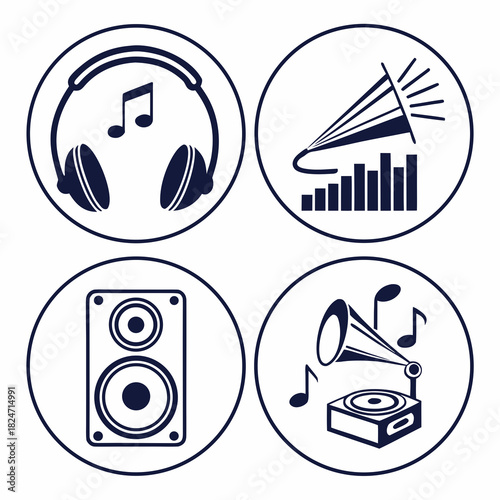 Vintage Music Equipment Icons Turntable Headphones Speaker Notes retro gramophone