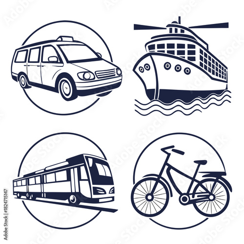 Four different modes of transportation in a grid layout ferry bicycle