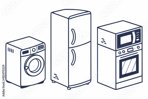 Isometric Outline Icons of Washing Machine Refrigerator and Microwave oven appliance