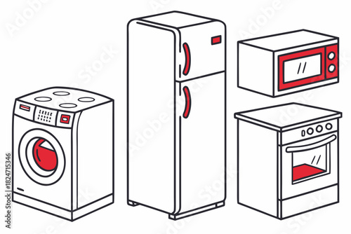 Isometric Line Art Icons of Home Appliances with Red Accents washing machine refrigerator