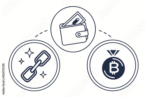 Cryptocurrency and Digital Wallet Icons with Blockchain Link bitcoin