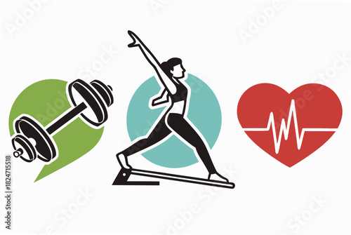 Fitness Icons Dumbbell Yoga Woman Heartbeat EKG Line health exercise