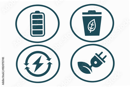 Renewable Energy Icons Battery Recycling Leaf and Plug Symbols vector illustration