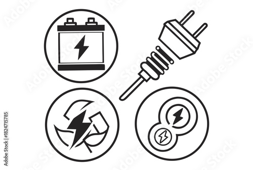 Black and White Energy Icons Battery Plug Recycling Lightning Bolt vector illustration