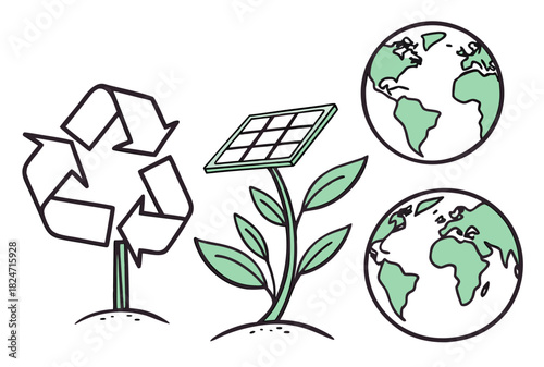 Earth and recycling symbols with solar powered plant illustration solar panel sprout