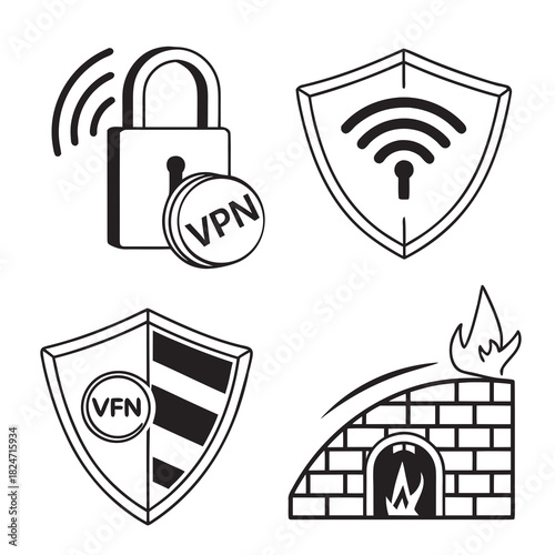 Cybersecurity Icons Padlock VPN Shield Firewall Flame protection privacy
