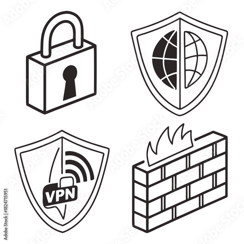 Cybersecurity Icons Lock Shield VPN Firewall Brick Wall protection privacy