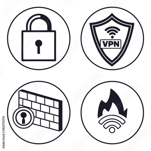 Cybersecurity Icons in Circles Padlock VPN Firewall Wifi protection privacy