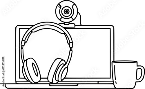 Vectore art Illustration of laptop, webcam, headphones, and mug, representing remote work and online communication
