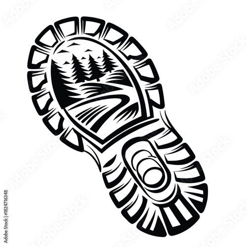 Black shoe print showing a forest and mountain path in silhouette evokes adventure