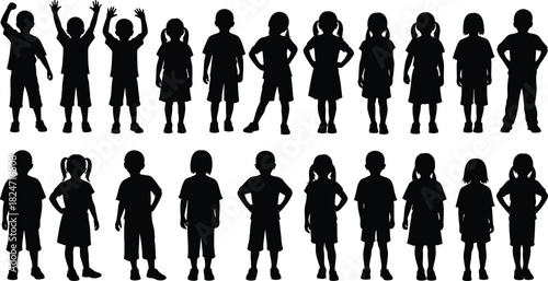 Group of children silhouettes standing in various poses, diverse kids illustration, playful childhood collection, educational design elements for creative projects