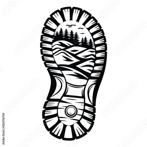 Black boot print showcases a river flowing through a forest with flying birds above the trees