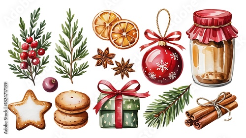 Festive christmas watercolor elements including star cookie gift box ornaments dried oranges cinnamon sticks and pine branches for holiday design