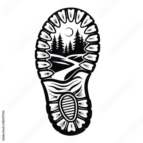 Artistic shoe print showcases winding roads and pine trees in a line art illustration