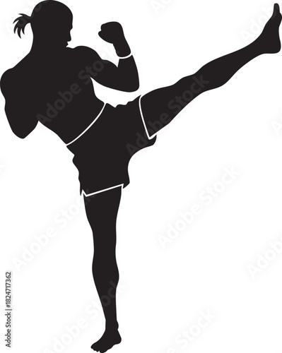 Muay Thai Fighter Roundhouse Kick Silhouette: Kickboxing Martial Artist, Sport Combat Vector