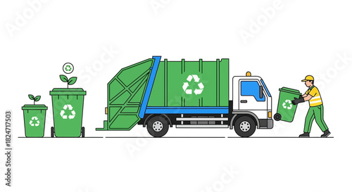 Vector illustration of illustration of garbage collector in green uniform putting recycling bin into a large green garbage truck with growing plant icons on bins