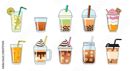Vector illustration of illustration of collection of ten different cold beverage icons including bubble tea, iced coffee, and lemonade