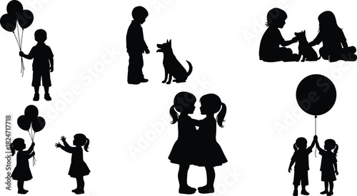 Silhouette collection of children with balloons, kids playing with pets, friends interacting, playful moments, cute childhood scenes for creative projects