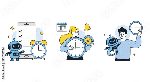 Vector illustration of illustration of illustration set depicting time management concepts with people, robots, clocks, and task lists