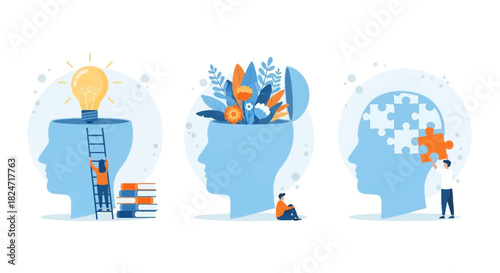 Vector illustration of illustration of set of three illustrations representing human mind concepts idea generation with a lightbulb, mental growth with flowers, and problem solving with puzzle piece