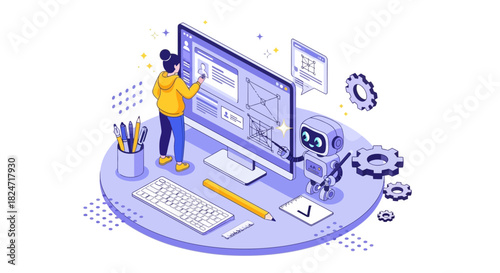 Vector illustration of illustration of woman interacting with a computer interface next to a small robot, symbolizing artificial intelligence and user experience design process