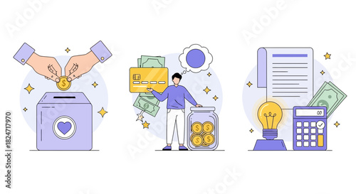 Vector illustration of illustration of set of three financial concept illustrations showing donation, saving money with credit card, and calculating investment idea with lightbulb