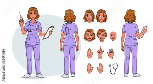 Vector illustration of illustration of character design sheet of a smiling female nurse in purple scrubs showing different views, facial expressions, hand gestures, and medical tool for illustration