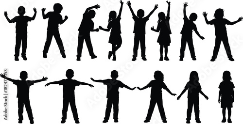 Silhouettes of children standing with raised arms in playful poses, active kids expressing joy and movement in simple black outlines