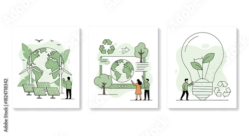 Vector illustration of illustration of set of three ecofriendly concept illustrations showing renewable energy, earth protection, recycling, and sustainable lifestyle choices