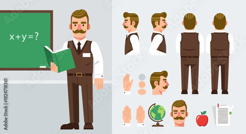 Vector illustration of illustration of male teacher character set with front, side, and back views, holding a book in front of a chalkboard with a math equation