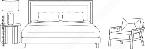 Bedroom interior line drawing with bed nightstand lamp and armchair design