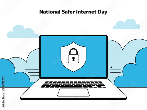 National Safer Internet Day is celebrated with a laptop displaying a shield and lock icon.