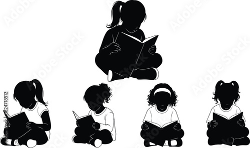 Silhouettes of children sitting and reading books, peaceful study poses, young readers focused on learning in simple black outline design