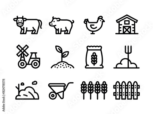 A set of farm icons includes a cow, pig, chicken, barn, windmill, plant, wheat bag, pitchfork, pile of dirt, wheelbarrow, wheat stalks, and a fence.