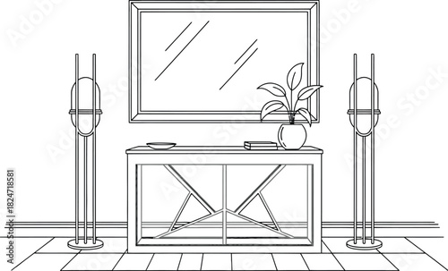 Minimalist entryway design with console table mirror and lamps in black and white