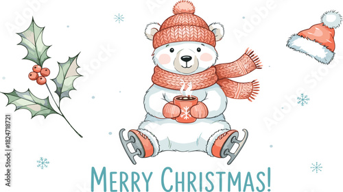 Cute polar bear in a red hat and scarf holding a hot drink, with holly and a 'Merry Christmas' message. Watercolor illustration for the holiday season