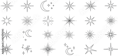 Collection of Star and Moon Line Art Icons Celestial Vector Set