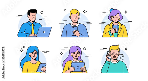 Vector illustration of illustration of set of six diverse user profile icons showing people using laptop, smartphone, and tablet device