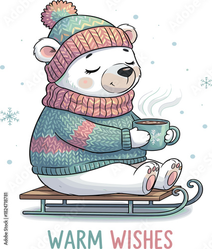 Adorable cartoon polar bear in festive winter attire, nestled on a sled with a steaming cup, embodying cozy holiday warmth and warm wishes on a snowy day