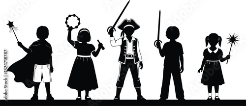 Silhouettes of children in costumes holding props, fantasy and pirate dress-up characters, playful kid role-play outlines on white background
