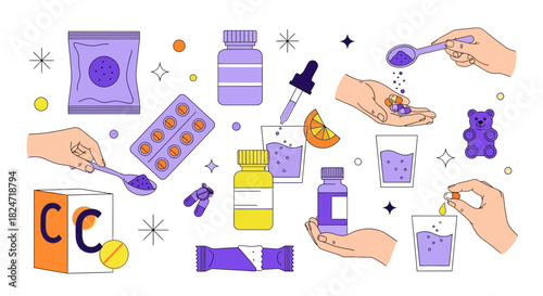 Vector illustration of illustration of collection of vitamin supplements including pills, liquid dropper bottles, powder packets, and gummy bear forms for health and wellness