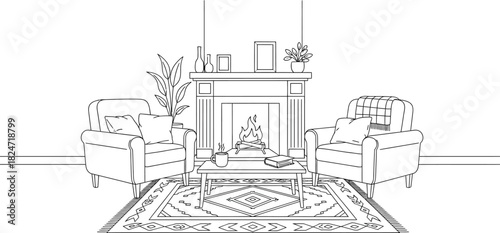 Cozy living room interior with fireplace armchairs and rug in a line art style