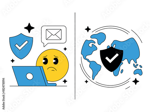 Digital security and global network protection are represented by shields on a laptop and earth.