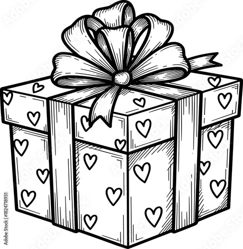 A Doodle-Style Gift Box with Hearts and a Ribbon