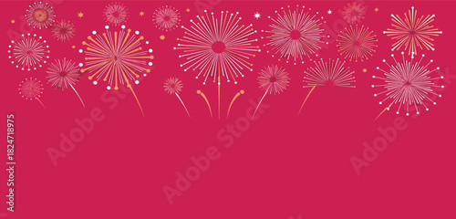 Festive Fireworks on Red Background for Celebratory Greetings and Holiday Events